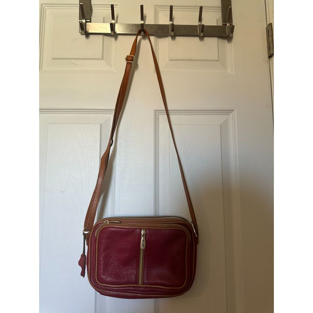 Women’s Leather Crossbody Bag – Dark Red with Tan Trim – Adjustable Strap